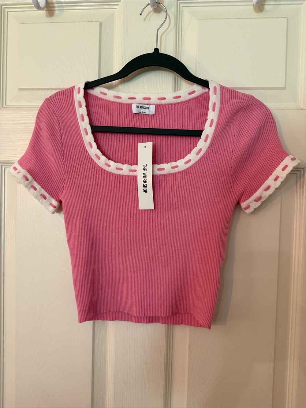 The Workshop Pink Ribbed Scoop-Neck Crop Top with White Trim
